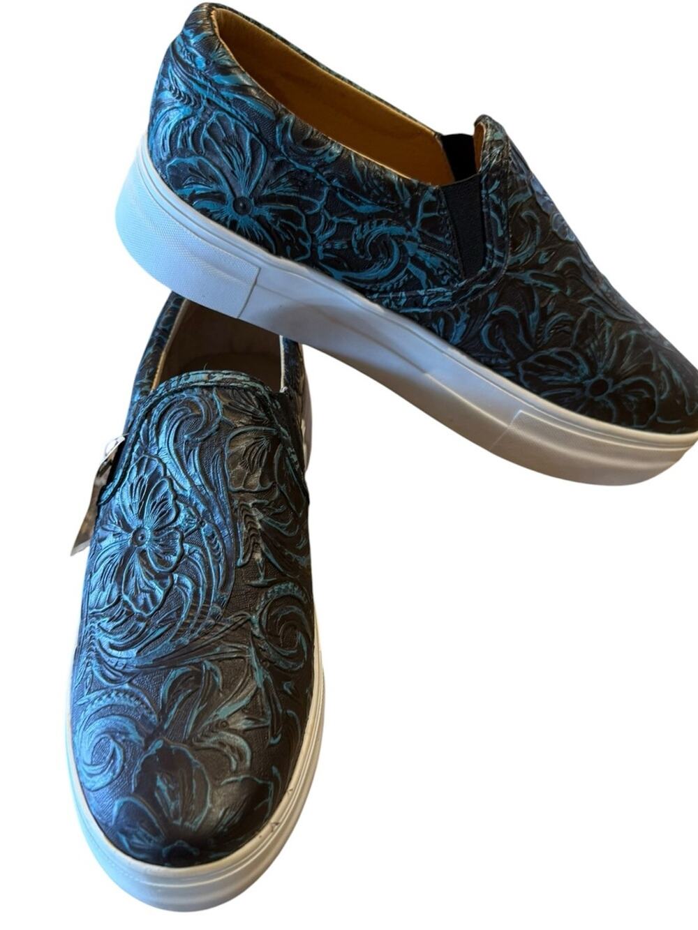 Alcalas Boots Womens Size 8 Slip-On Floral Tooled Leather Casual Sneakers Teal